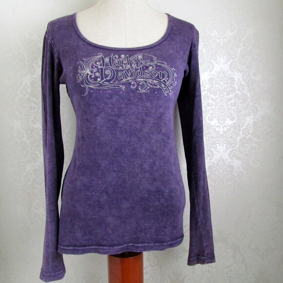 HARLEY-DAVIDSON TOP, M-L, LONG SLEEVED & LONG BODY FANCY LOGO, PURPLE COTTON H-D - Picture 2 of 7